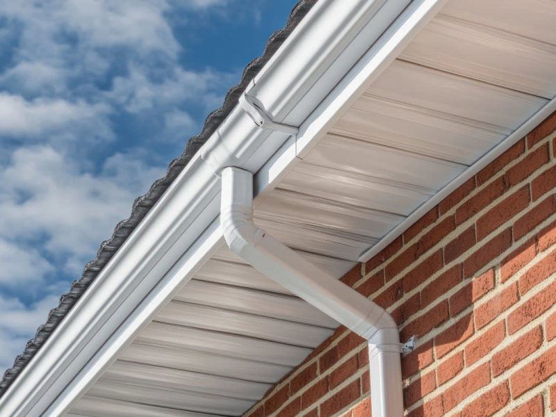 White rain gutter on a red brick building. The white soffit and fascia create a sharp contrast against the textured brick wall and grey shingles. Suitable for projects related to construction, home improvement, and property maintenance.